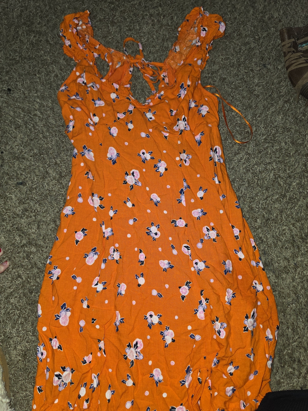 Bright Orange Floral Midi Dress with Tie Back